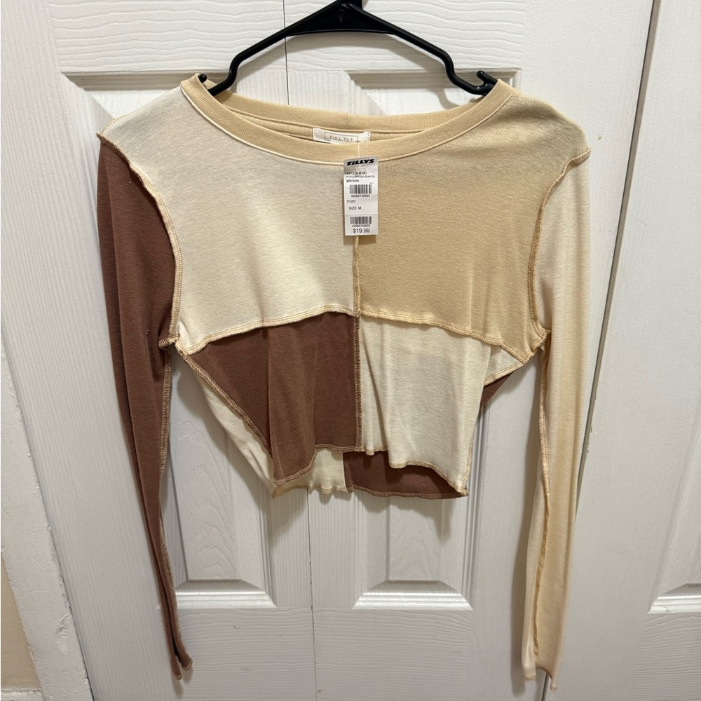 Tilly's Cream and Brown Asymmetrical Crop Blouse